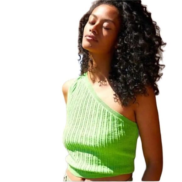 Free People Beach sweater Mary one shoulder Size Small linen blend green NWT - Picture 2 of 10